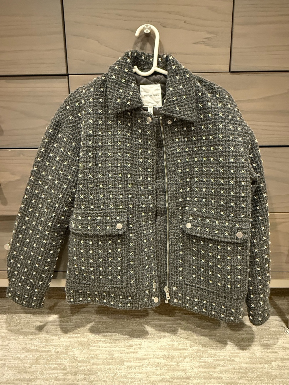Avec Les Filles Grey Pearl-Embellished Bomber Jacket Size XS